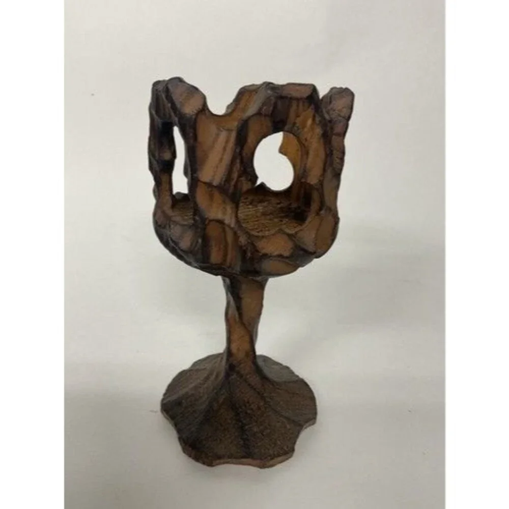 VTG Chine SE Crude Gothic Burnt‎ Wood Carved Goblet/Candle Holder 6” Taiwan